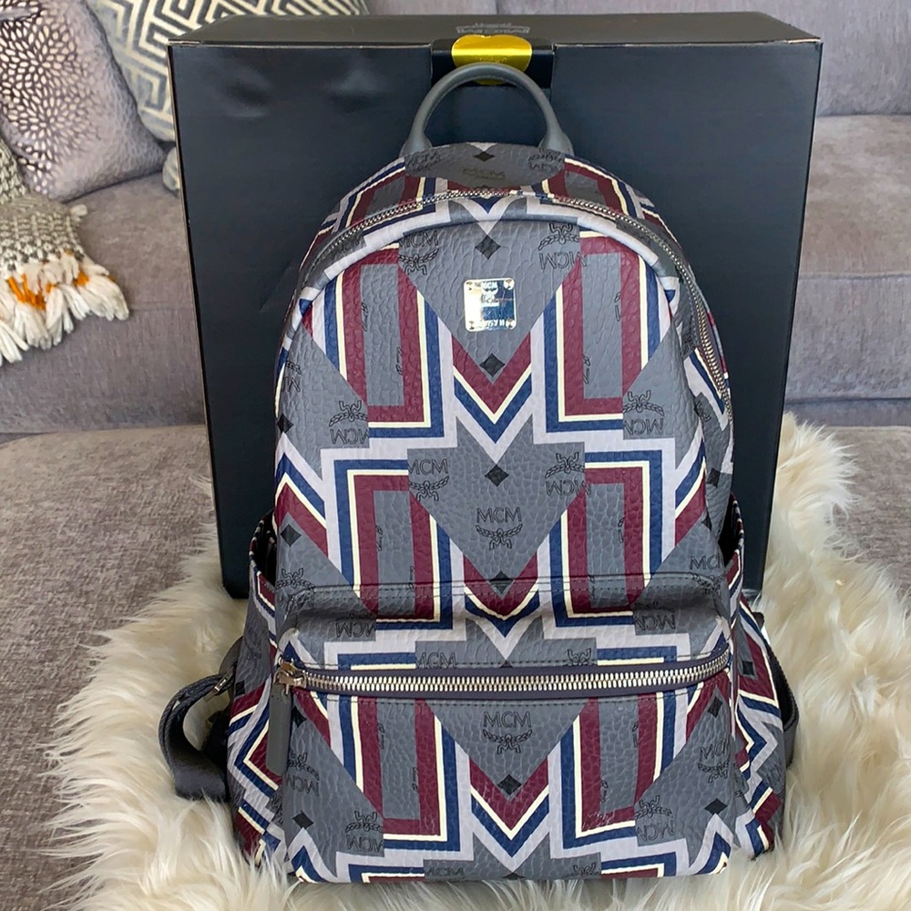 MCM Geometric Gray and Burgundy Backpack